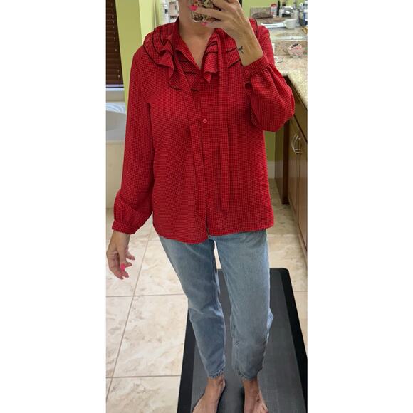 Yaohan Vintage red blouse ruffle black thin strips large long sleeves button - Picture 2 of 7